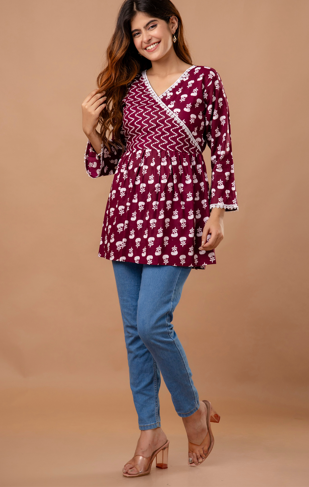 Maroon Wrap-Style Printed Cotton Kurti Top for Women | Elegant Daily Wear | Comfortable A-Line Fit