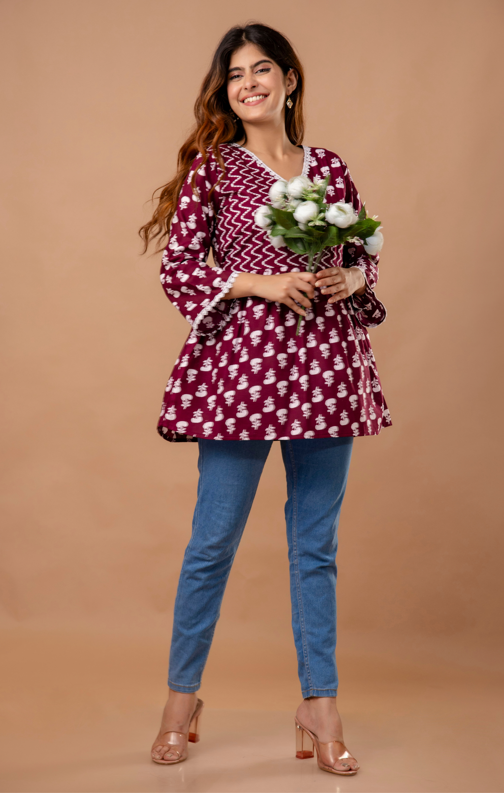 Maroon Wrap-Style Printed Cotton Kurti Top for Women | Elegant Daily Wear | Comfortable A-Line Fit