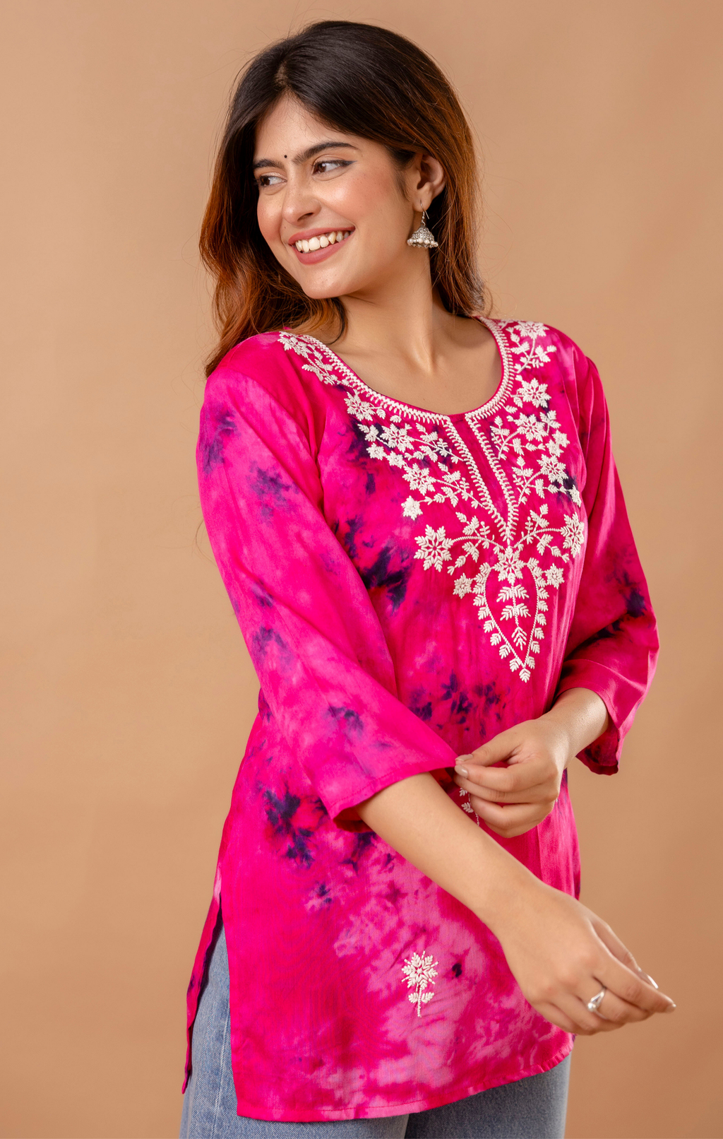 Fuchsia Pink Tie-Dye Cotton Embroidered Kurti Top for Women | Festive & Daily Wear | Soft Comfortable Fit