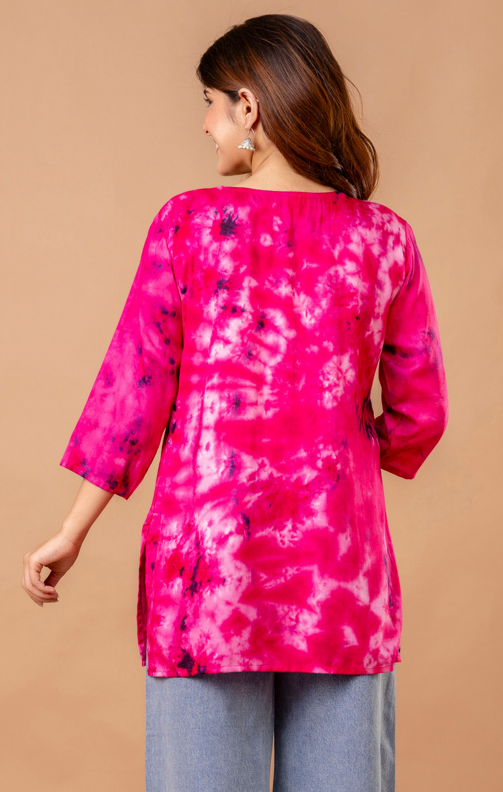 Fuchsia Pink Tie-Dye Cotton Embroidered Kurti Top for Women | Festive & Daily Wear | Soft Comfortable Fit