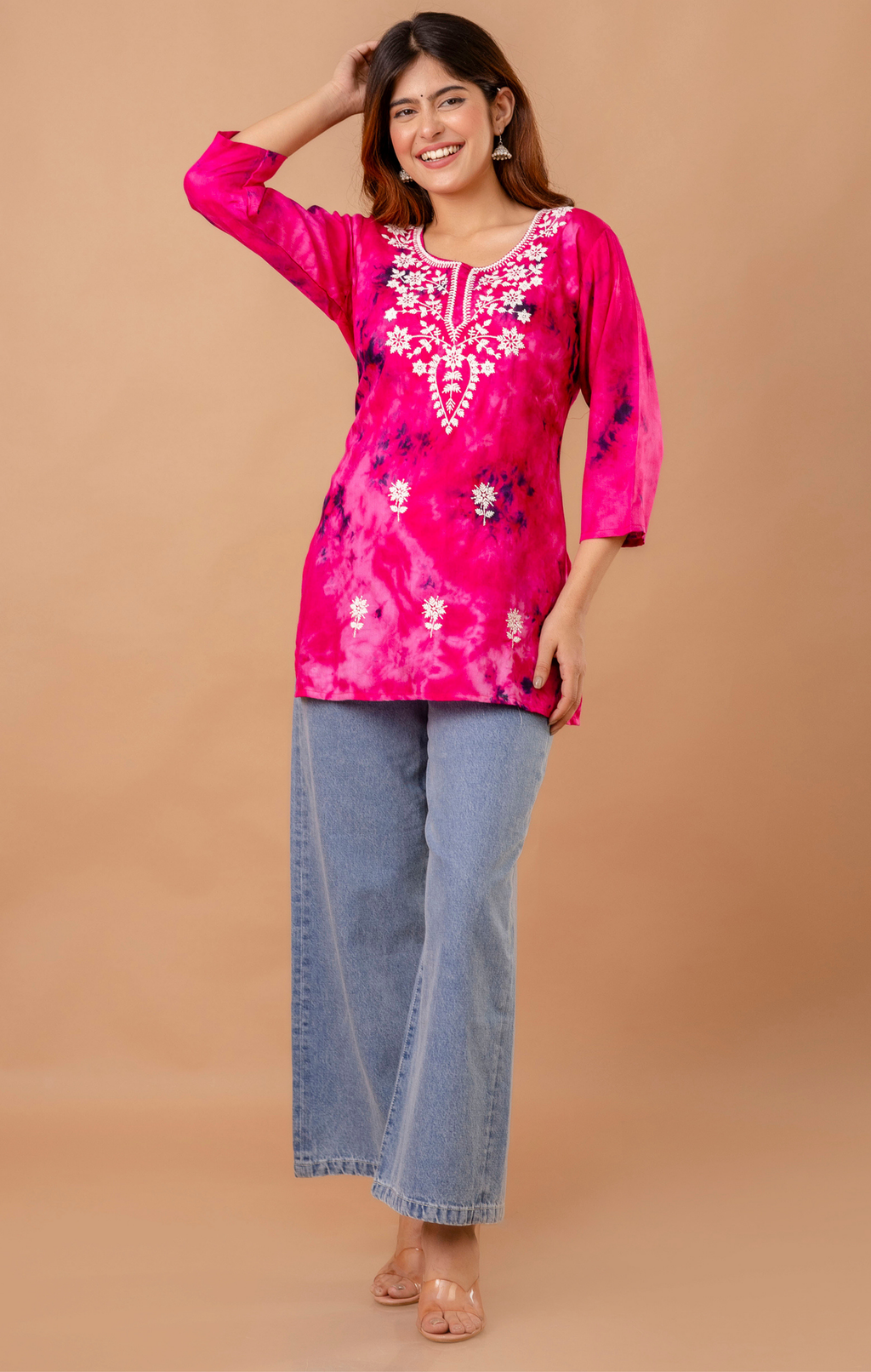 Fuchsia Pink Tie-Dye Cotton Embroidered Kurti Top for Women | Festive & Daily Wear | Soft Comfortable Fit
