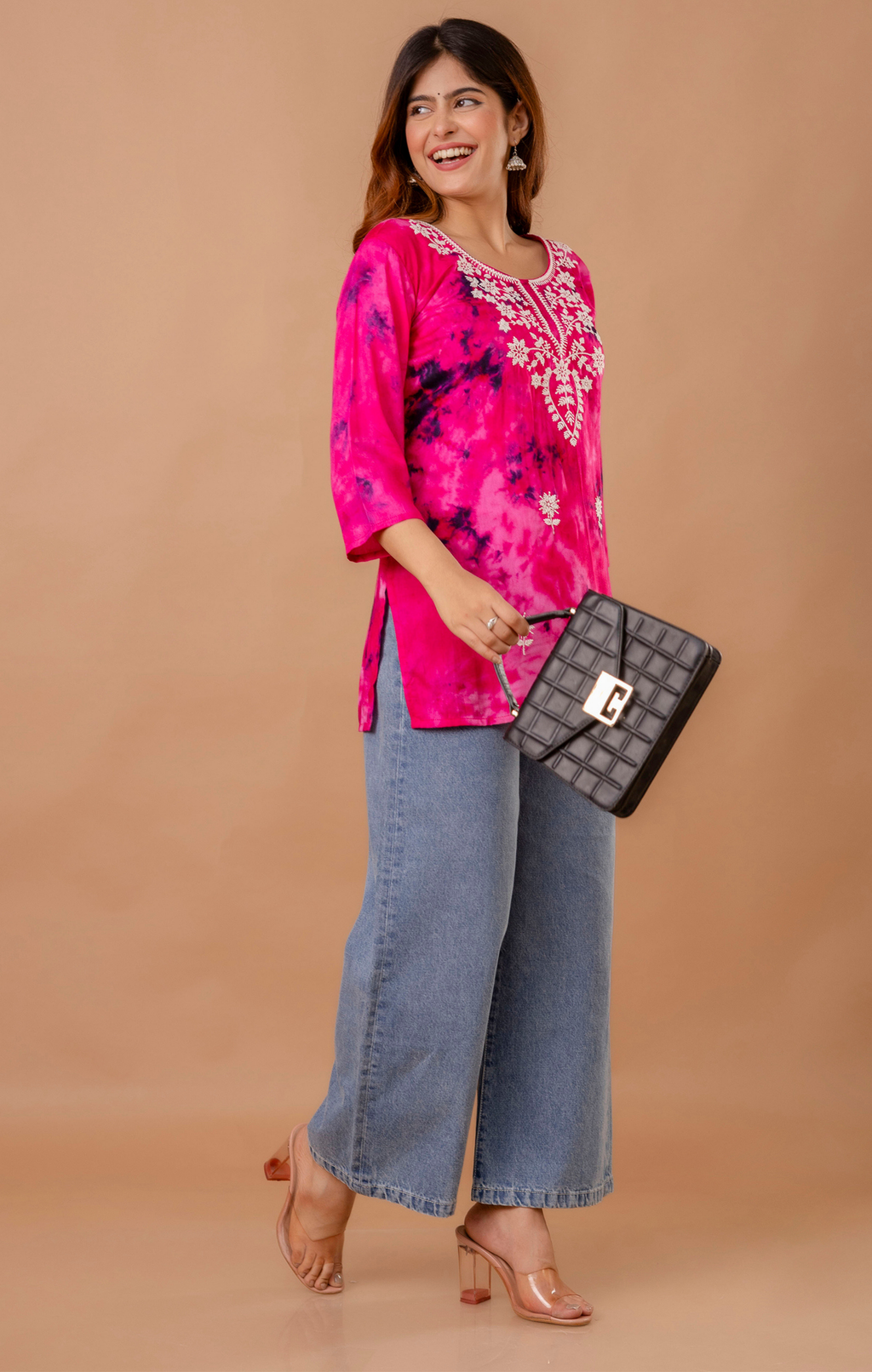 Fuchsia Pink Tie-Dye Cotton Embroidered Kurti Top for Women | Festive & Daily Wear | Soft Comfortable Fit