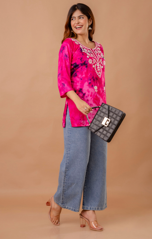 Fuchsia Pink Tie-Dye Cotton Embroidered Kurti Top for Women | Festive & Daily Wear | Soft Comfortable Fit