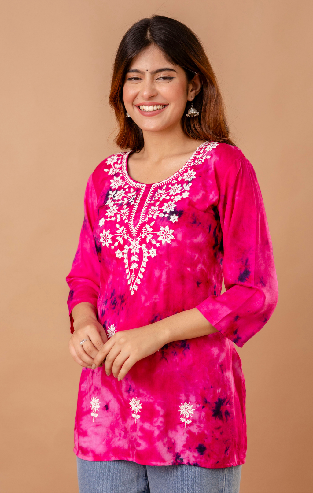 Fuchsia Pink Tie-Dye Cotton Embroidered Kurti Top for Women | Festive & Daily Wear | Soft Comfortable Fit
