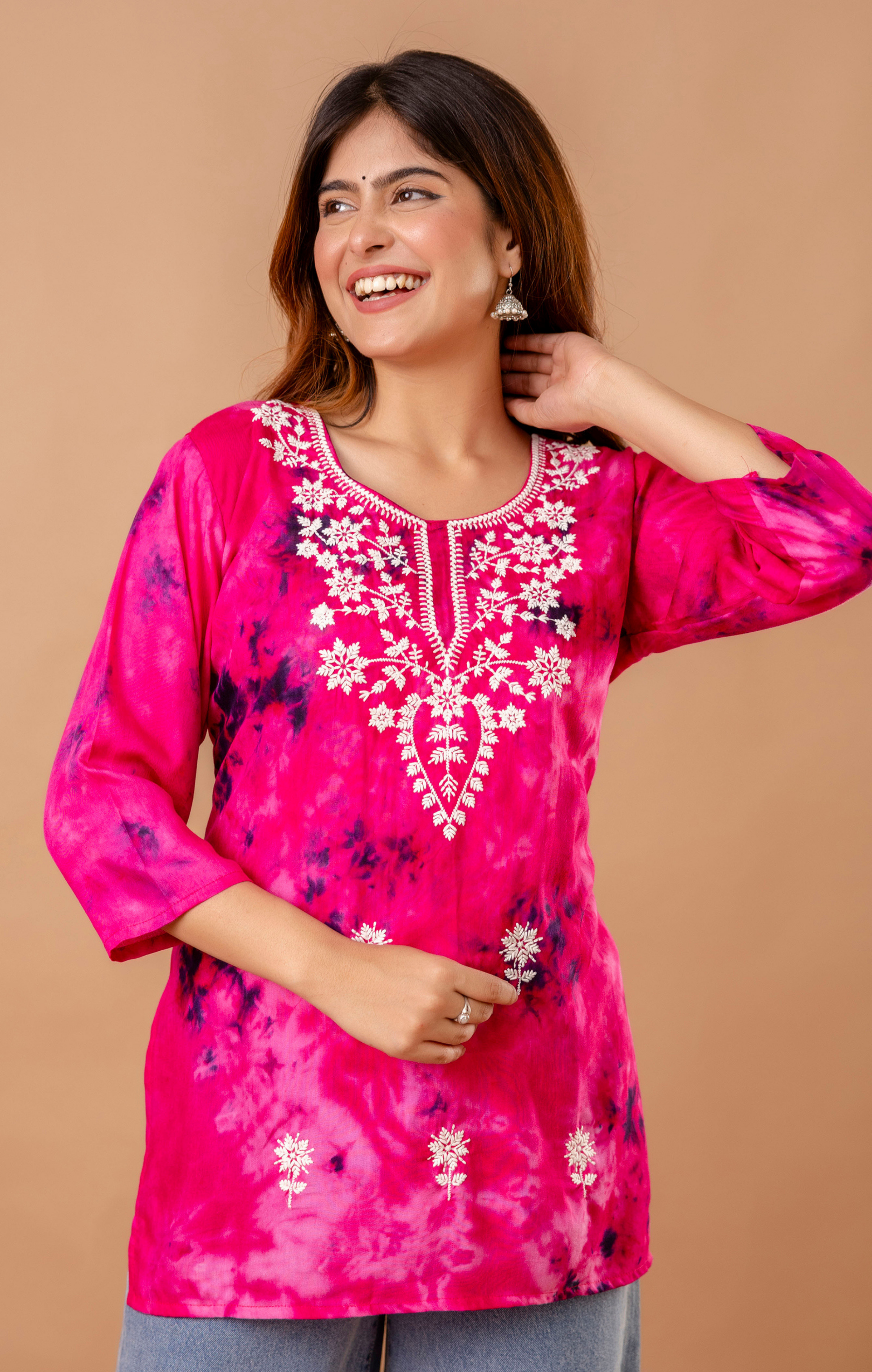 Fuchsia Pink Tie-Dye Cotton Embroidered Kurti Top for Women | Festive & Daily Wear | Soft Comfortable Fit