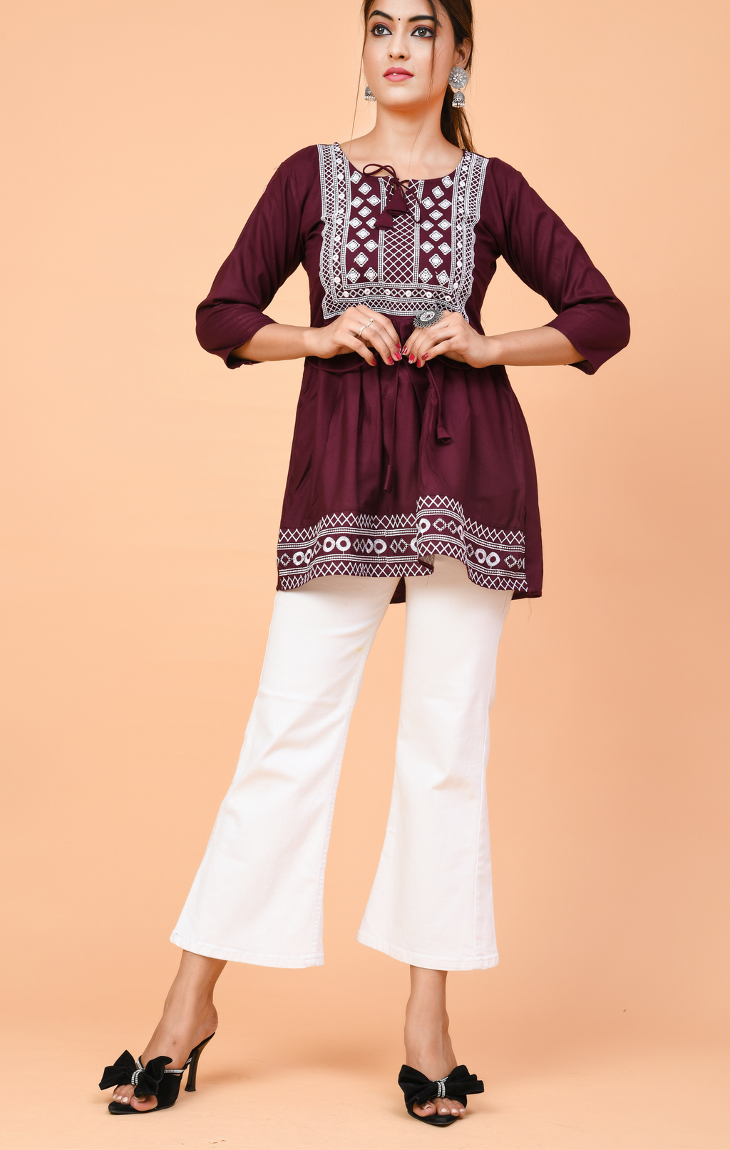 Maroon Embroidered Peplum Kurti Top for Women | Ethnic & Casual Wear | Comfortable Cotton Fit