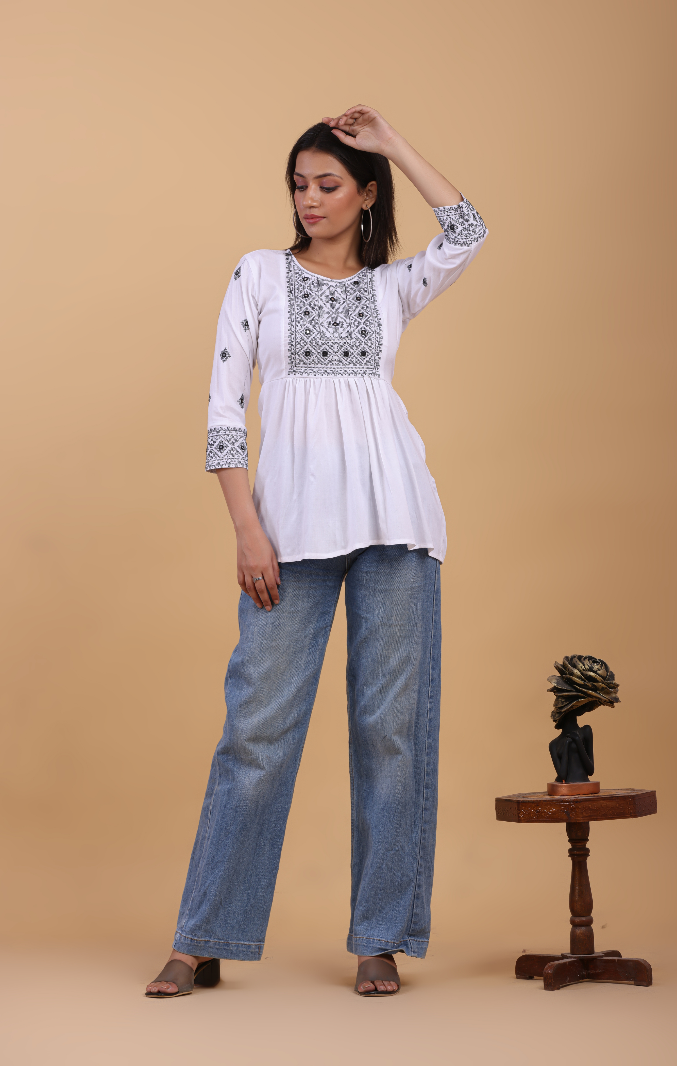 White Cotton Embroidered Boho Kurti Top for Women | Elegant Daily & Office Wear | Soft & Flowy Fit