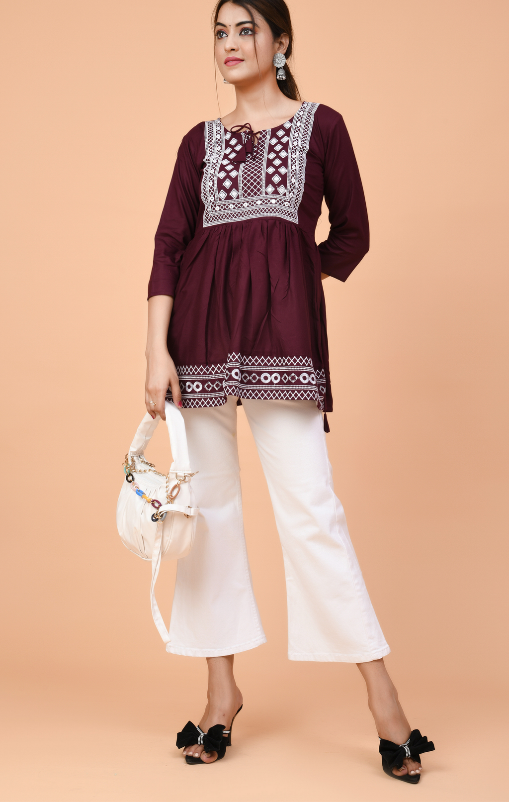 Maroon Embroidered Peplum Kurti Top for Women | Ethnic & Casual Wear | Comfortable Cotton Fit