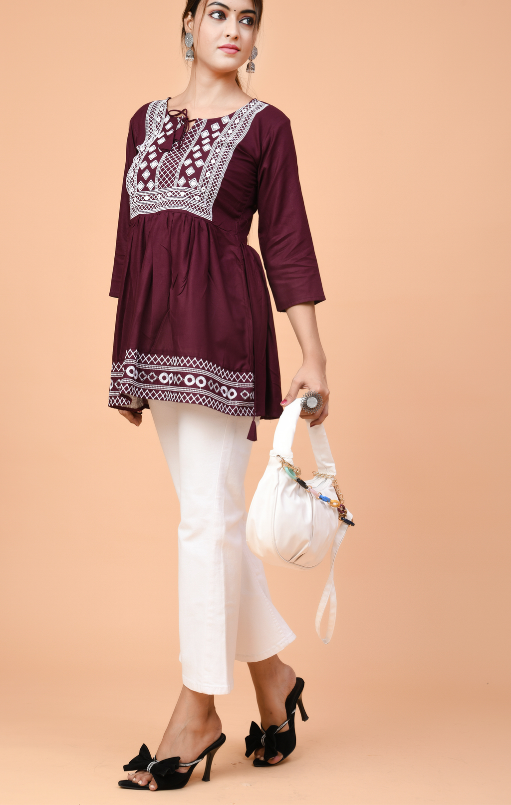 Maroon Embroidered Peplum Kurti Top for Women | Ethnic & Casual Wear | Comfortable Cotton Fit