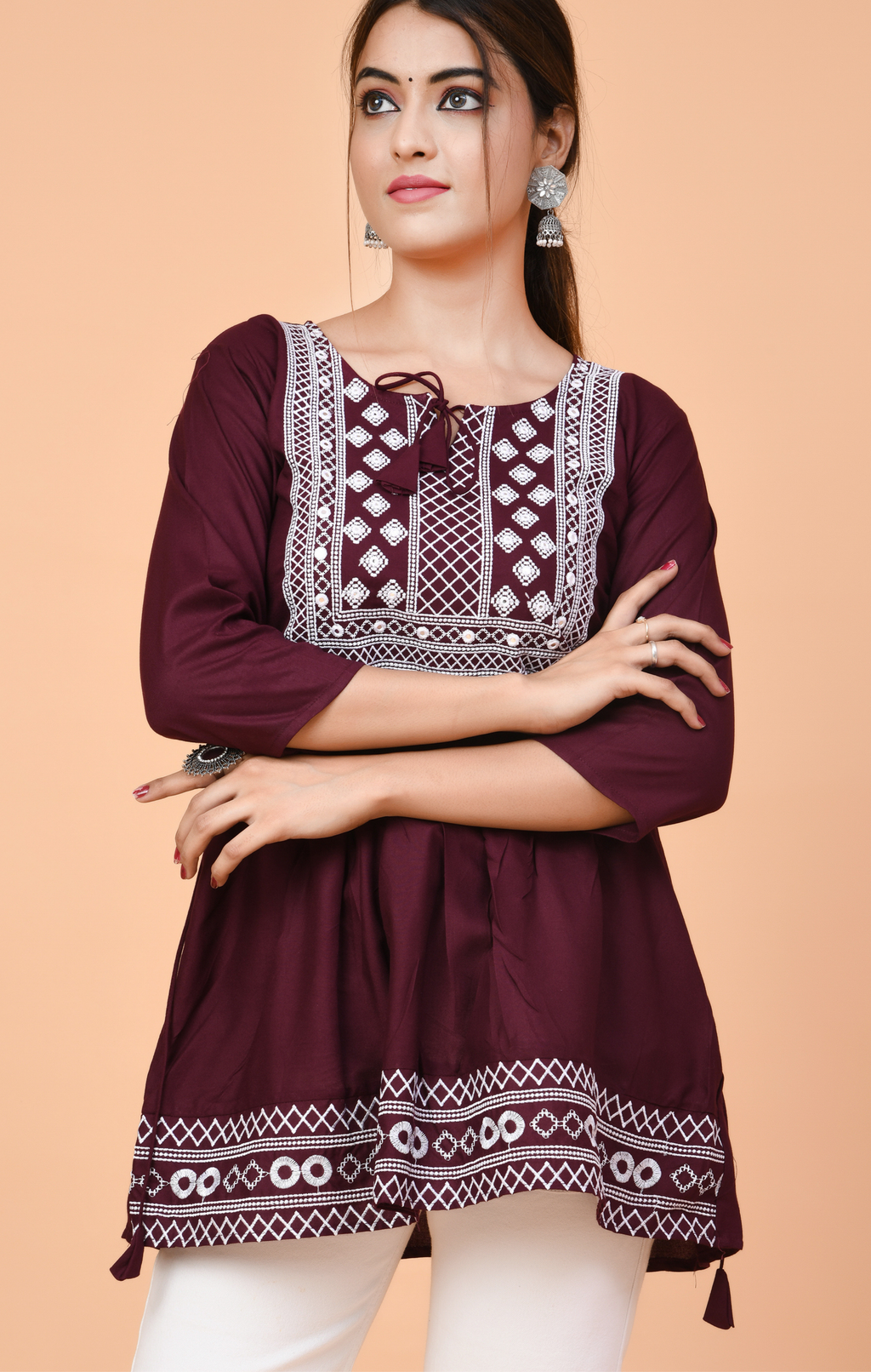 Maroon Embroidered Peplum Kurti Top for Women | Ethnic & Casual Wear | Comfortable Cotton Fit