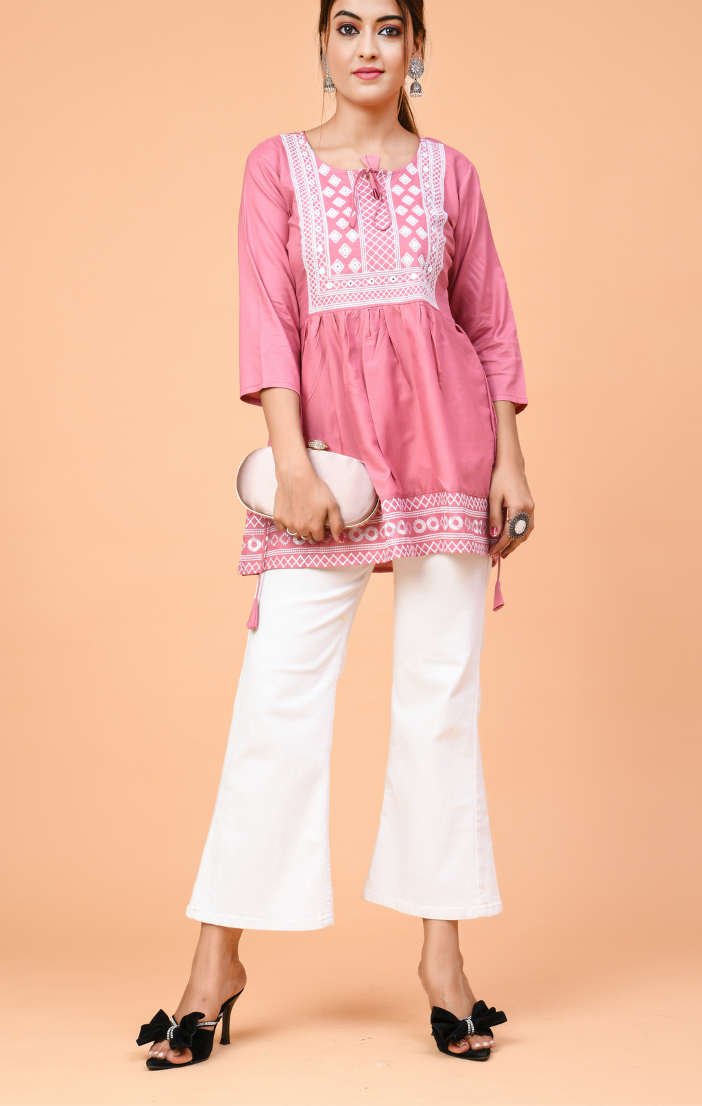 Pink Embroidered Peplum Kurti Top for Women | Ethnic Casual Wear | Soft & Comfortable Cotton Fit
