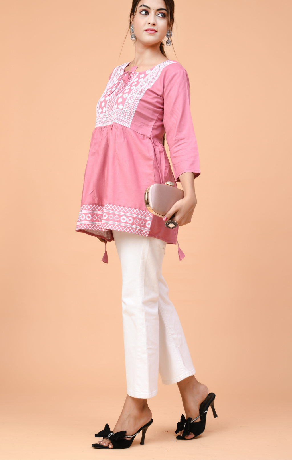 Pink Embroidered Peplum Kurti Top for Women | Ethnic Casual Wear | Soft & Comfortable Cotton Fit