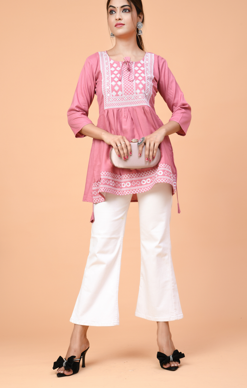 Pink Embroidered Peplum Kurti Top for Women | Ethnic Casual Wear | Soft & Comfortable Cotton Fit