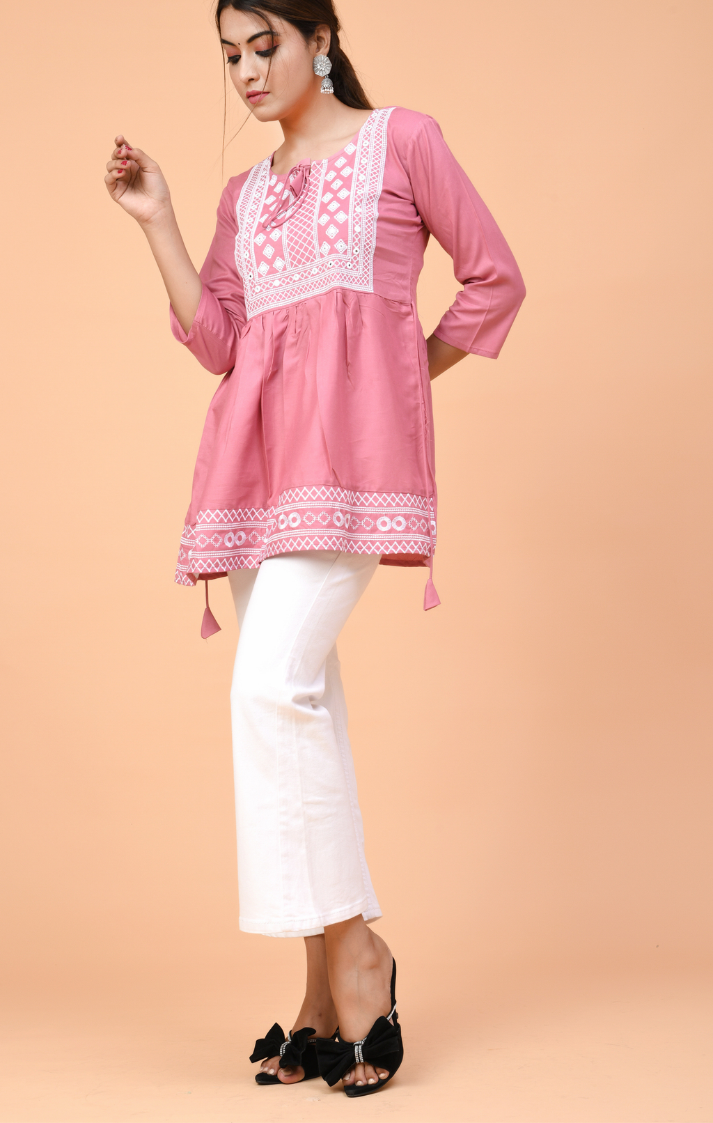 Pink Embroidered Peplum Kurti Top for Women | Ethnic Casual Wear | Soft & Comfortable Cotton Fit