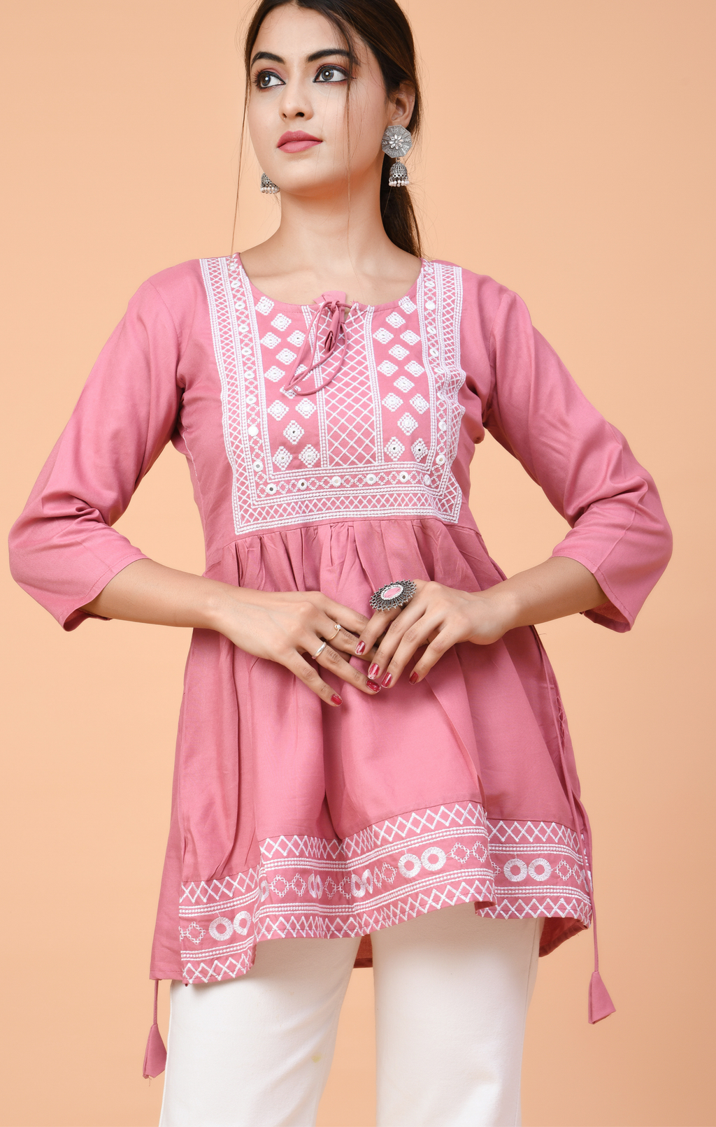 Pink Embroidered Peplum Kurti Top for Women | Ethnic Casual Wear | Soft & Comfortable Cotton Fit
