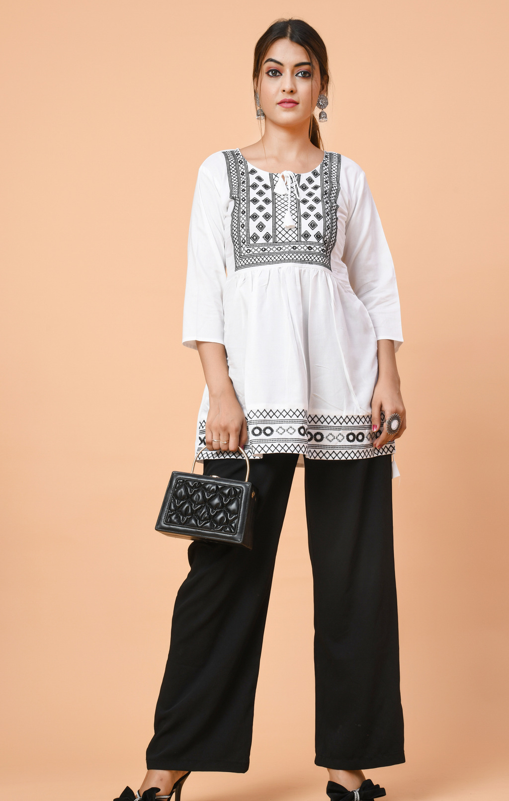 White Cotton Embroidered Kurti Top for Women | Black Thread Work | Elegant Daily & Office Wear