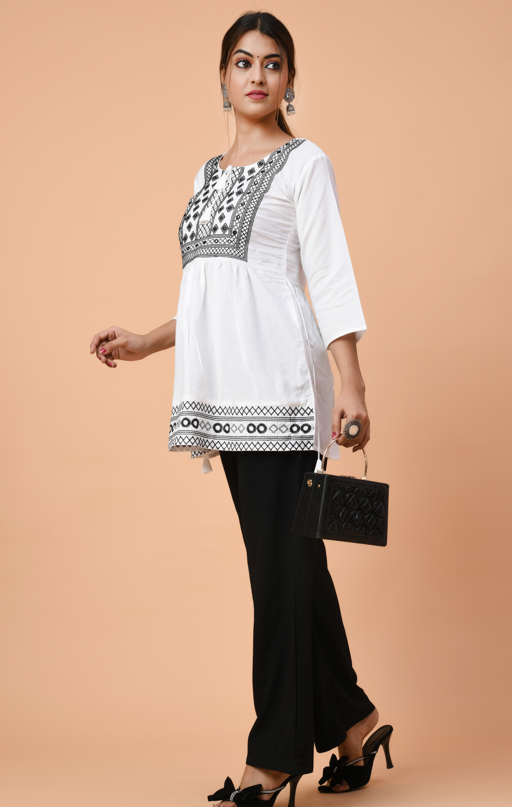 White Cotton Embroidered Kurti Top for Women | Black Thread Work | Elegant Daily & Office Wear