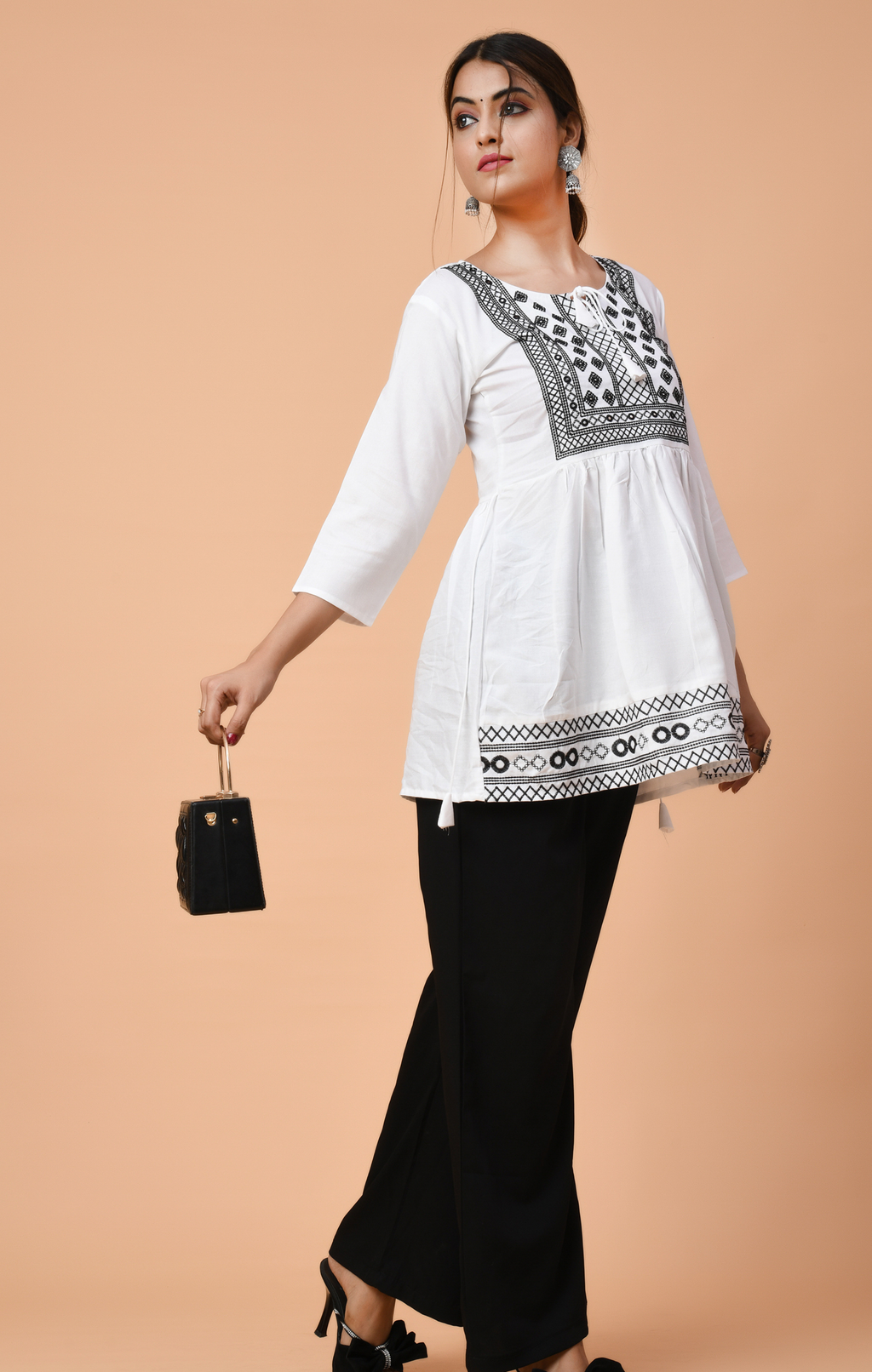 White Cotton Embroidered Kurti Top for Women | Black Thread Work | Elegant Daily & Office Wear