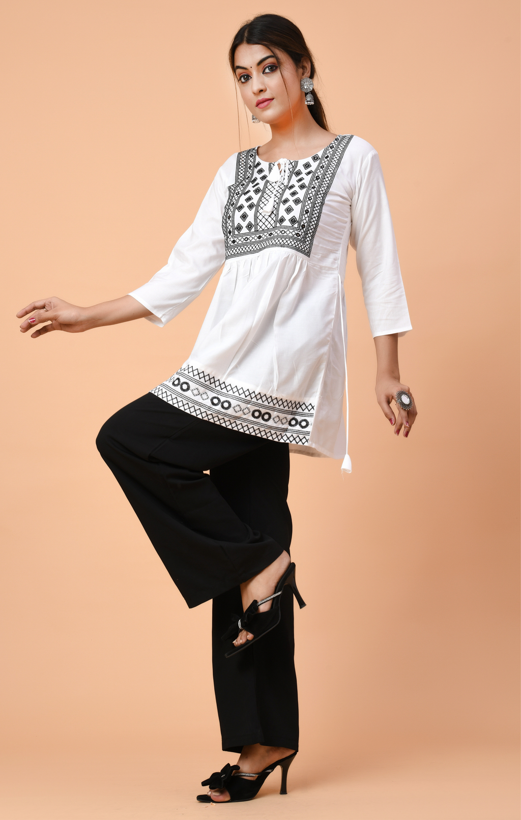 White Cotton Embroidered Kurti Top for Women | Black Thread Work | Elegant Daily & Office Wear