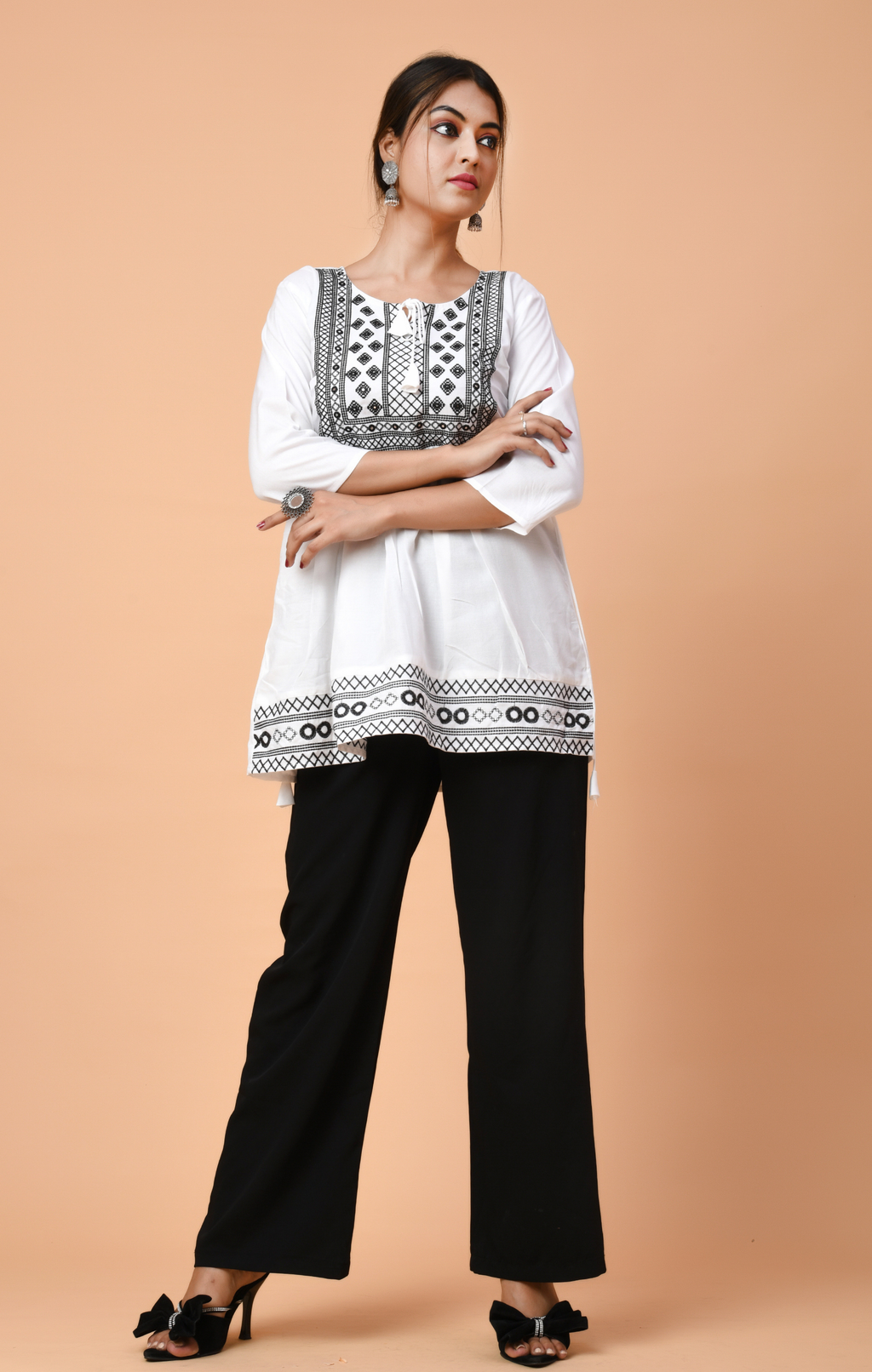 White Cotton Embroidered Kurti Top for Women | Black Thread Work | Elegant Daily & Office Wear