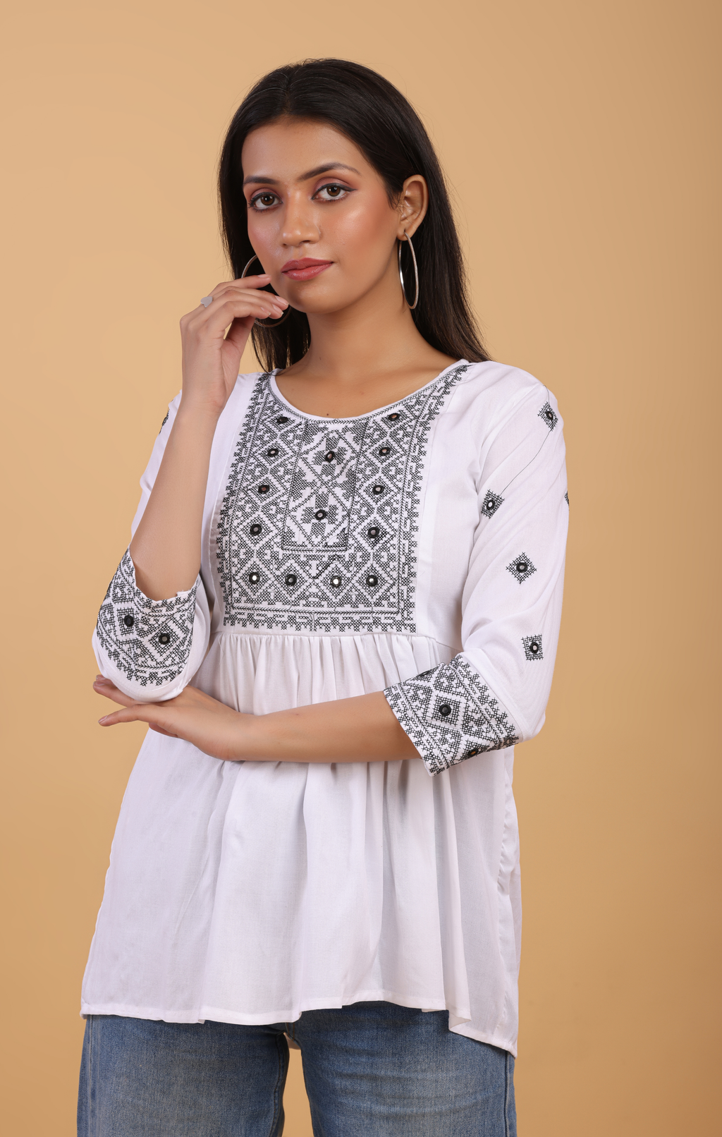 White Cotton Embroidered Boho Kurti Top for Women | Elegant Daily & Office Wear | Soft & Flowy Fit