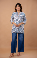 Blue Floral Printed Cotton Kurti Top for Women | Mandarin Collar | Casual & Office Daily Wear