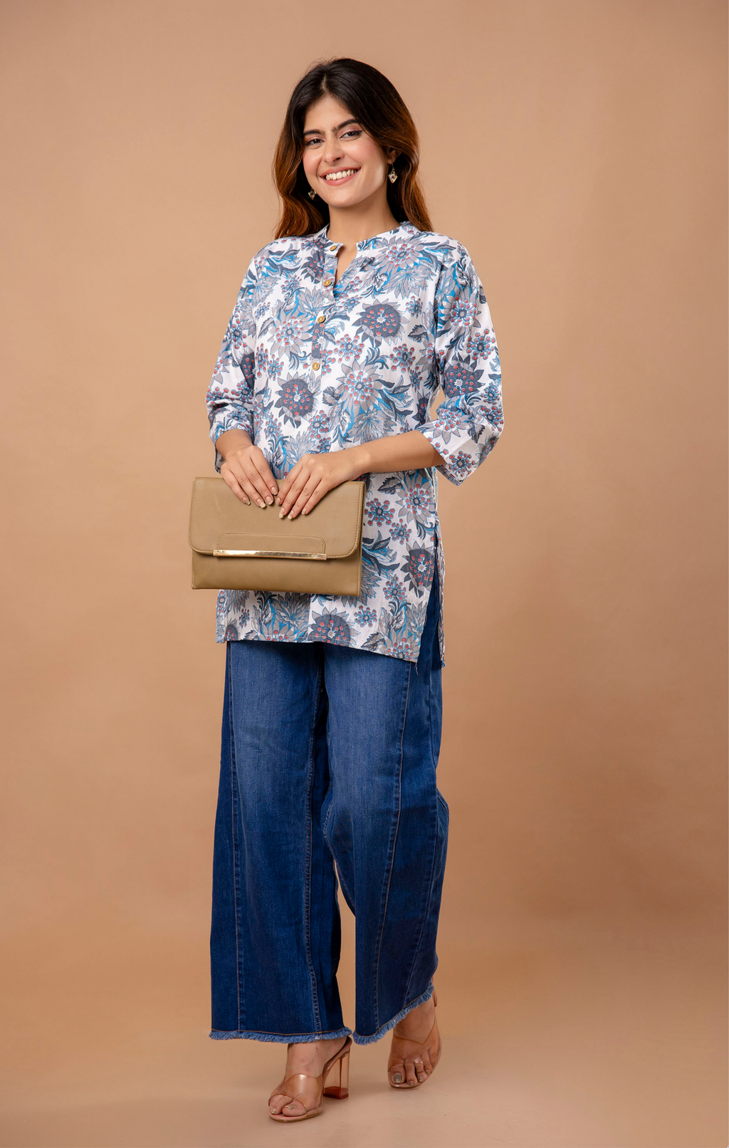 Blue Floral Printed Cotton Kurti Top for Women | Mandarin Collar | Casual & Office Daily Wear
