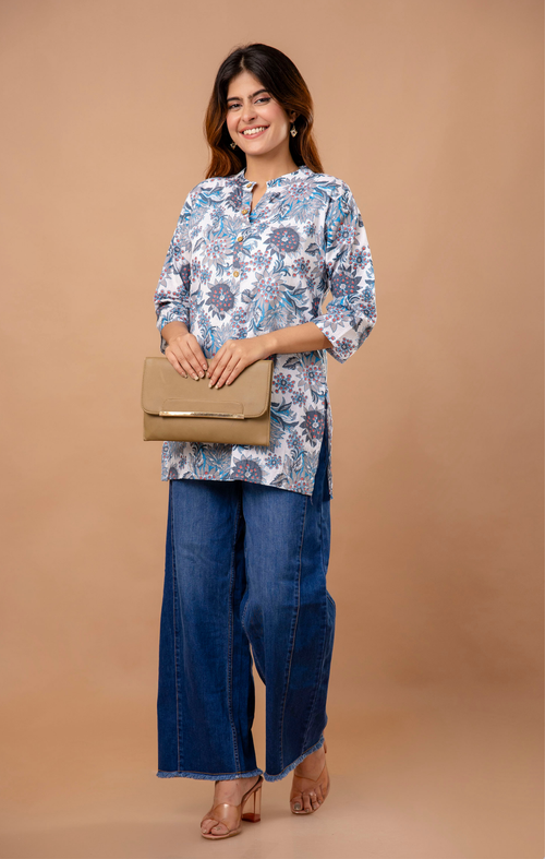 Blue Floral Printed Cotton Kurti Top for Women | Mandarin Collar | Casual & Office Daily Wear