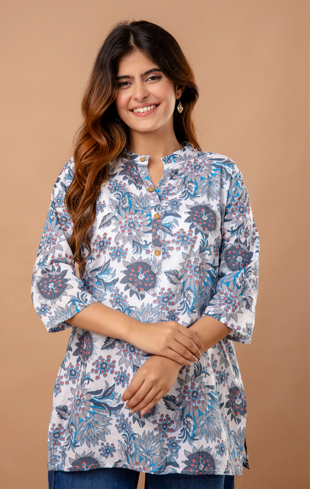 Blue Floral Printed Cotton Kurti Top for Women | Mandarin Collar | Casual & Office Daily Wear