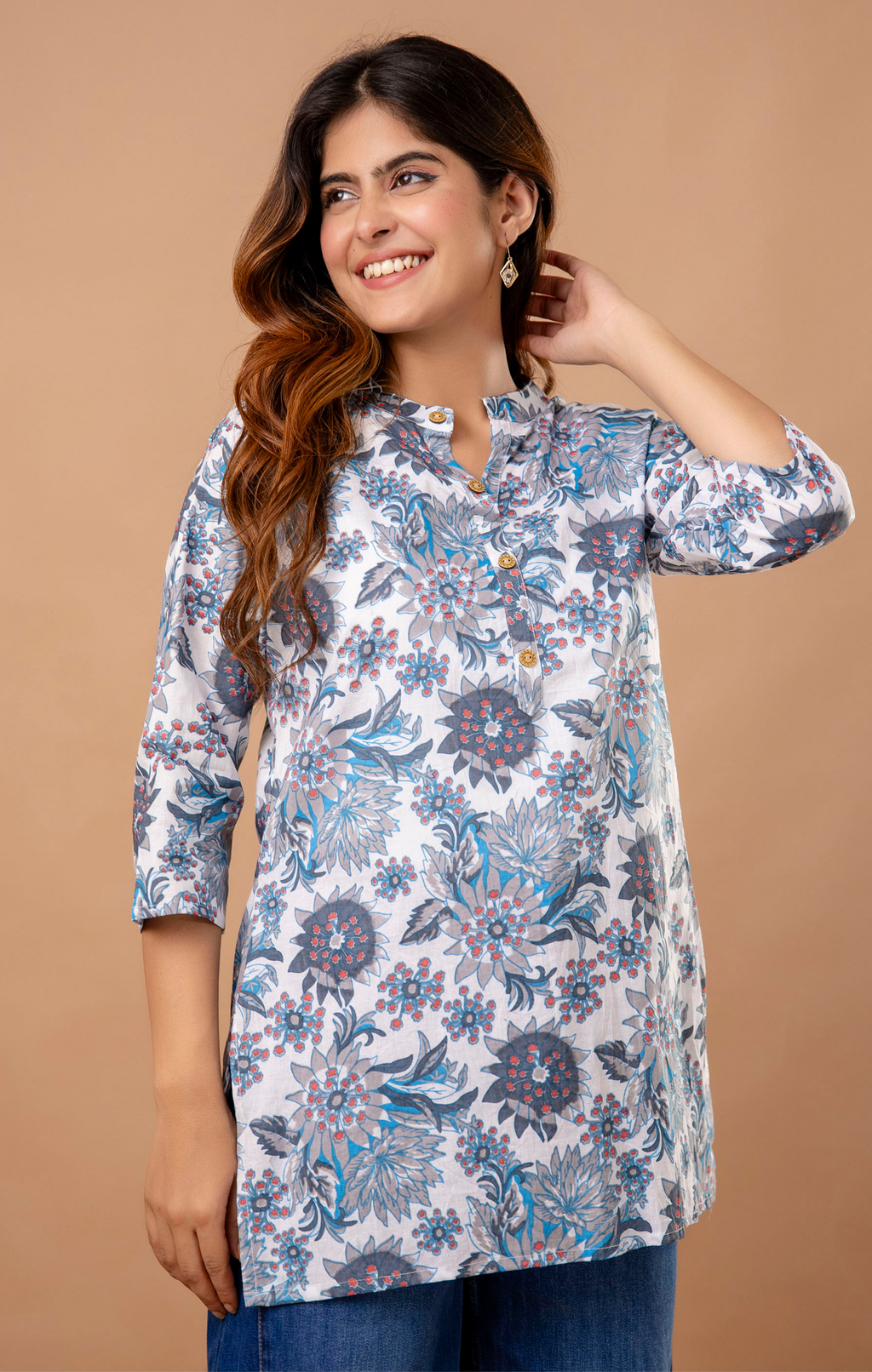 Blue Floral Printed Cotton Kurti Top for Women | Mandarin Collar | Casual & Office Daily Wear