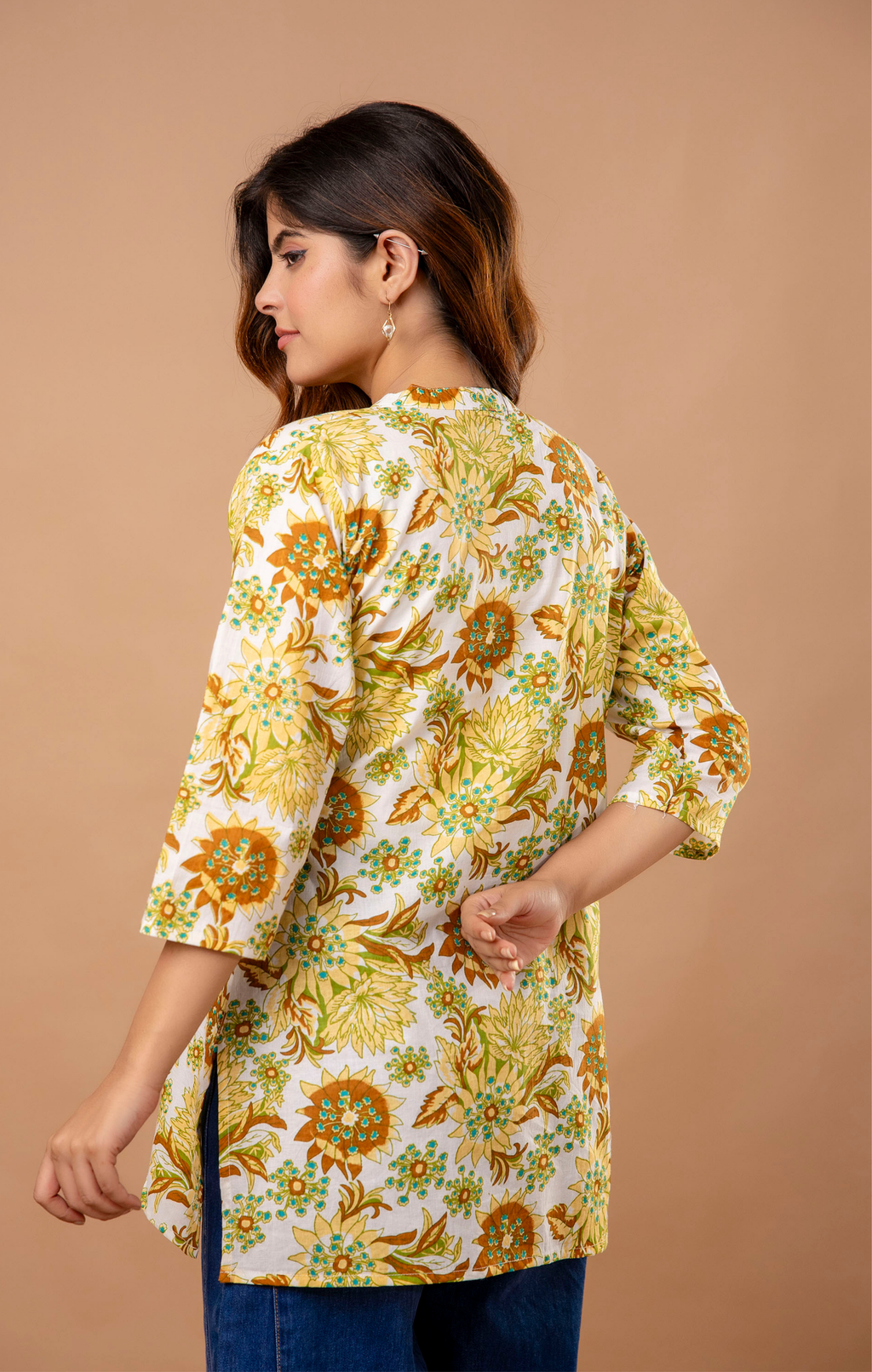 Yellow Floral Printed Cotton Kurti Top for Women | Mandarin Collar | Casual & Office Wear