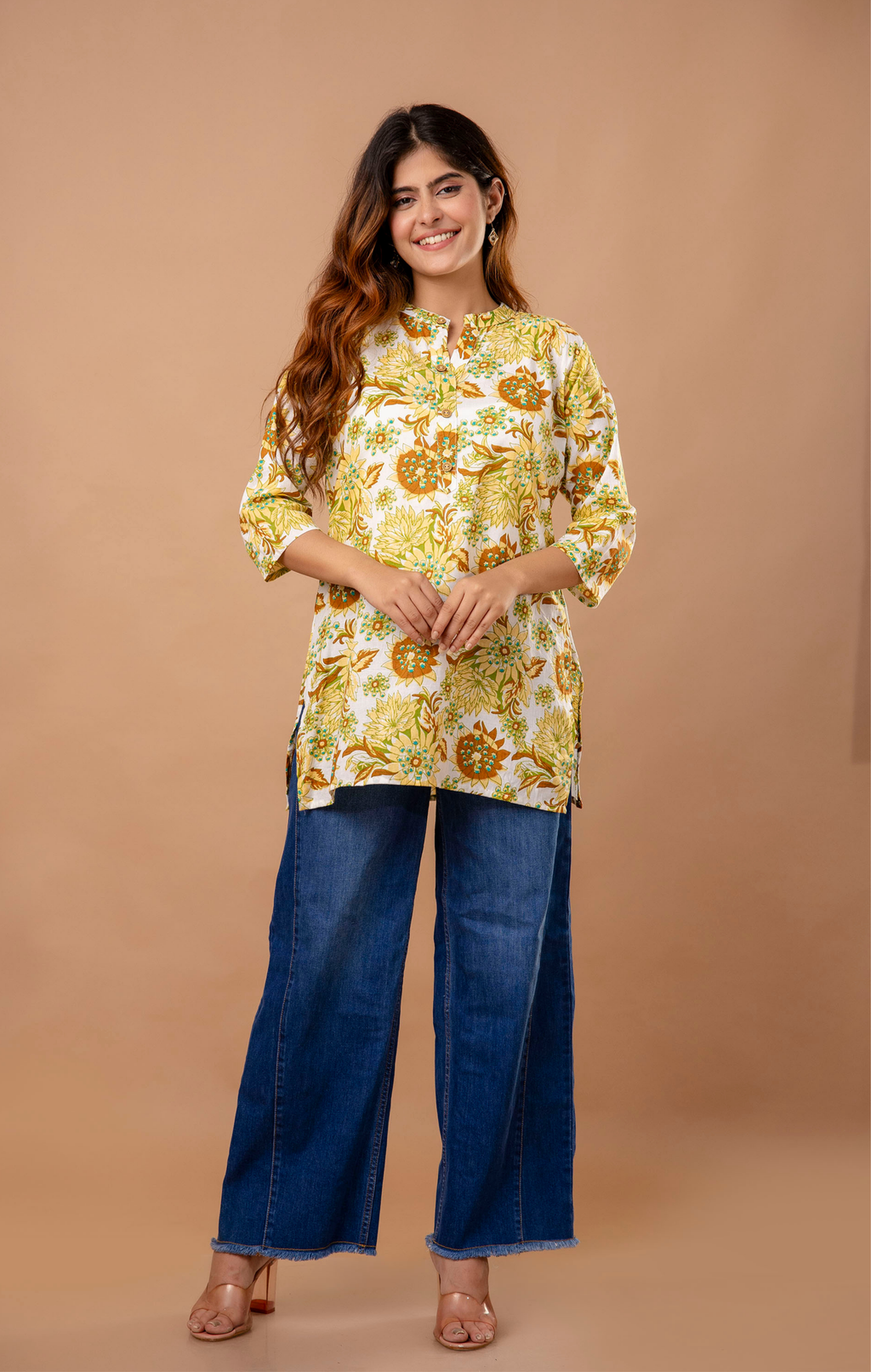 Yellow Floral Printed Cotton Kurti Top for Women | Mandarin Collar | Casual & Office Wear