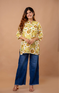 Yellow Floral Printed Cotton Kurti Top for Women | Mandarin Collar | Casual & Office Wear