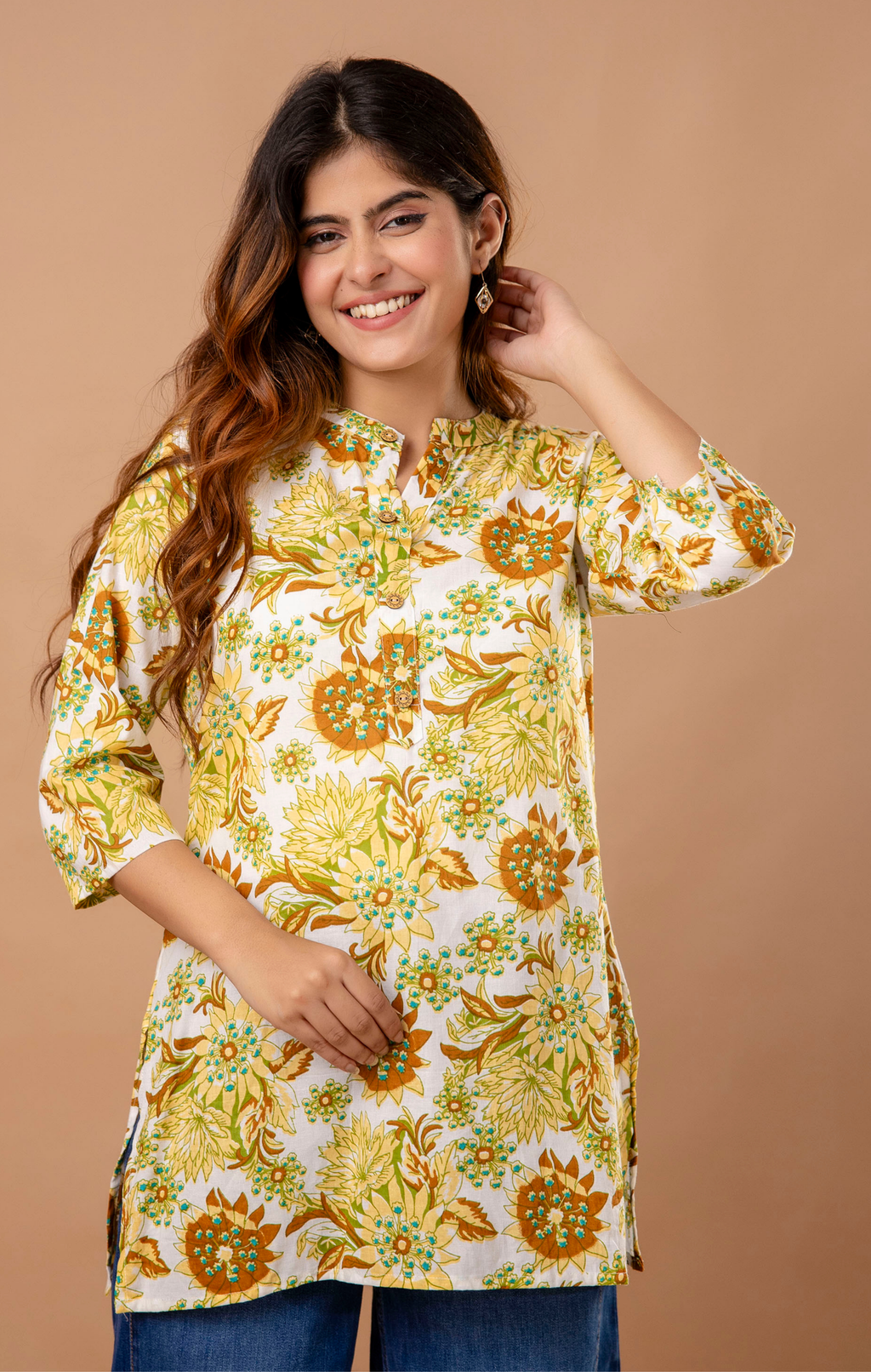 Yellow Floral Printed Cotton Kurti Top for Women | Mandarin Collar | Casual & Office Wear