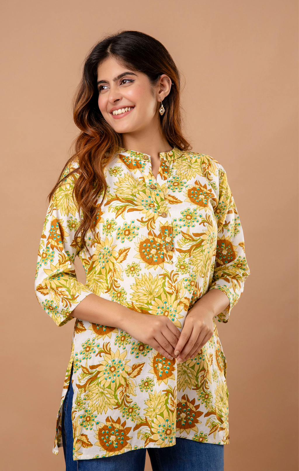 Yellow Floral Printed Cotton Kurti Top for Women | Mandarin Collar | Casual & Office Wear