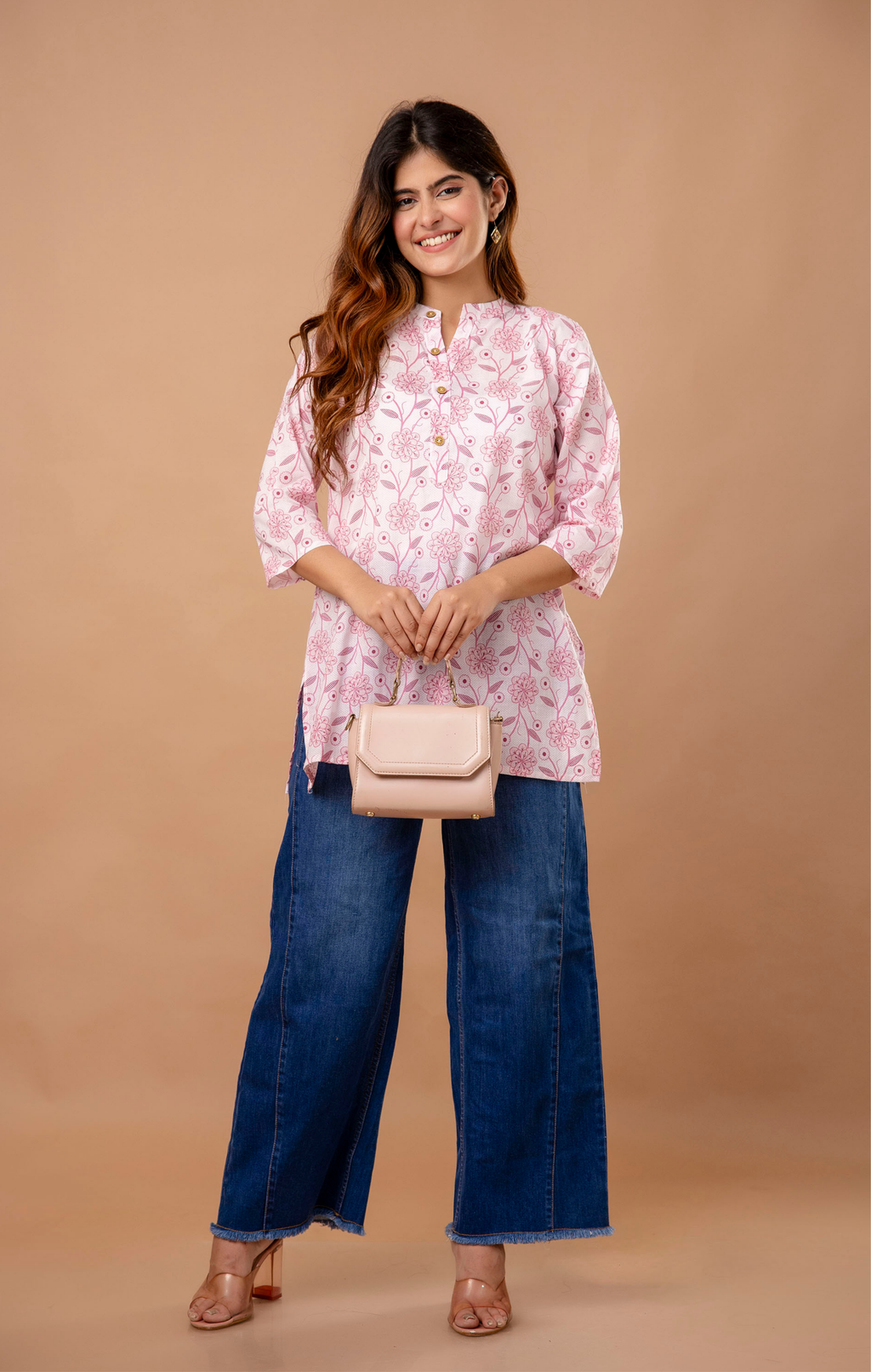 Pink Floral Printed Cotton Kurti for Women | Mandarin Collar | Everyday Casual & Office Wear Top
