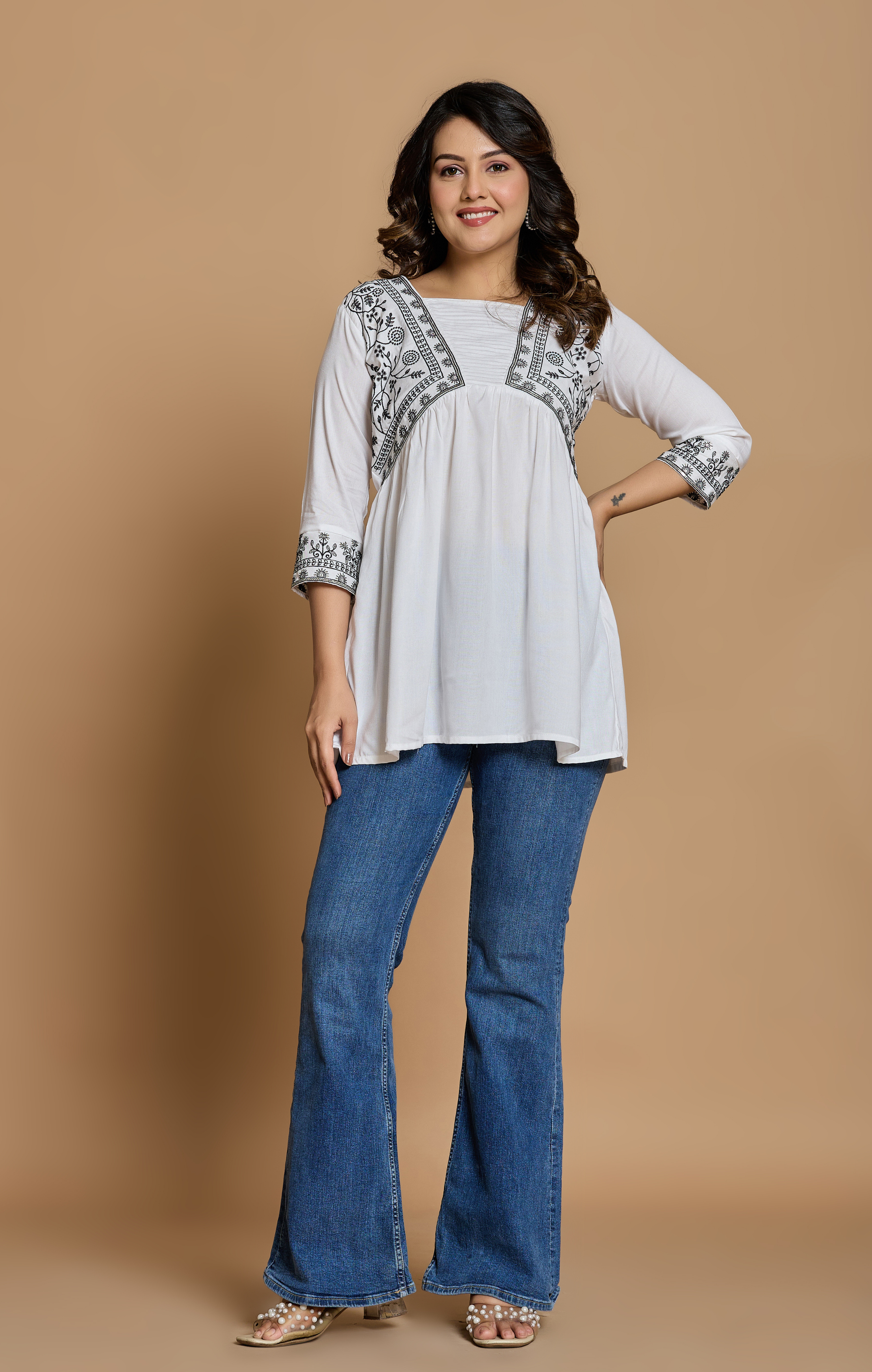 White Cotton Embroidered A-Line Kurti Top for Women | Boho Chic Daily & Office Wear | Soft & Flowy Fit