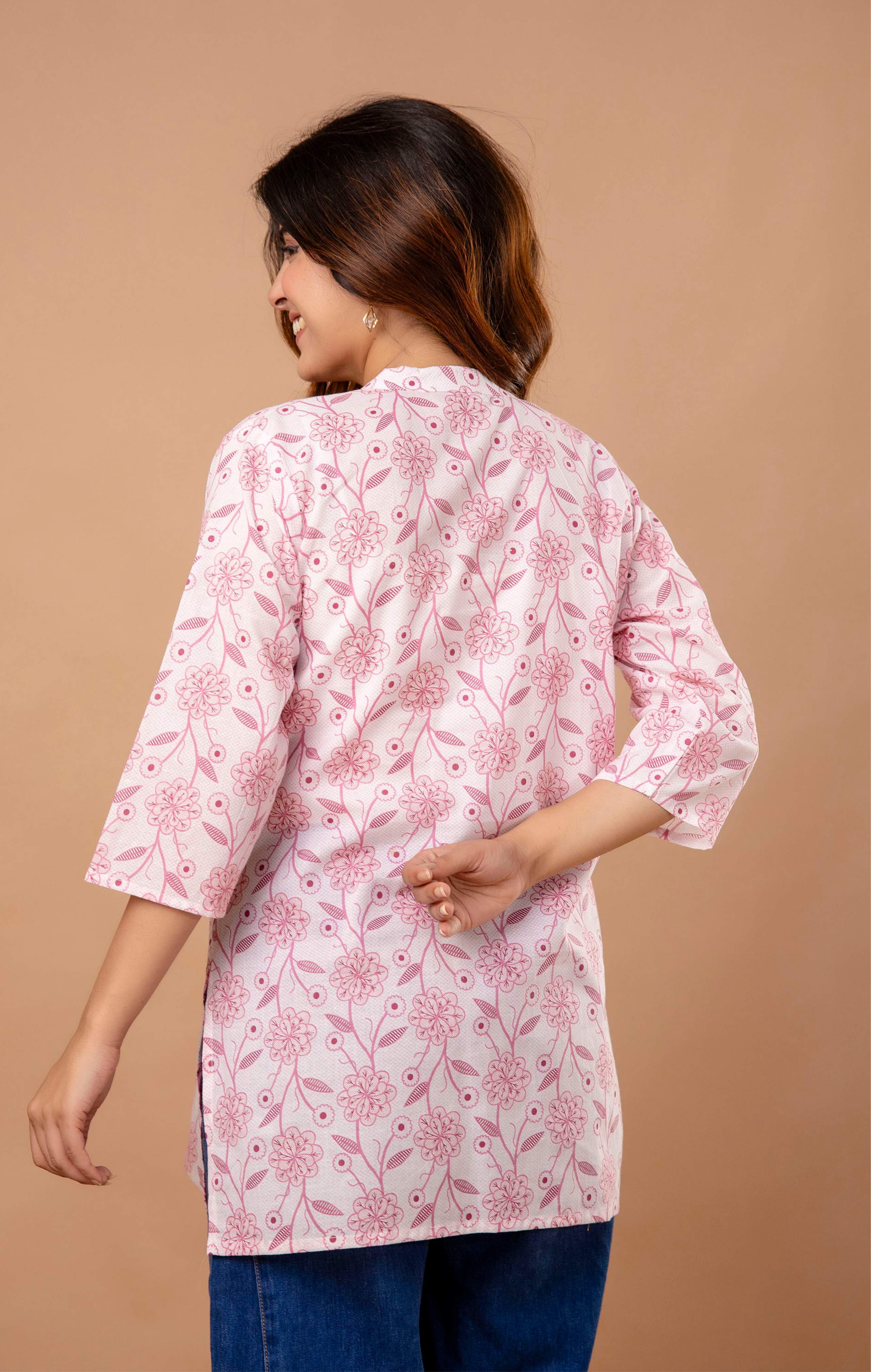 Pink Floral Printed Cotton Kurti for Women | Mandarin Collar | Everyday Casual & Office Wear Top