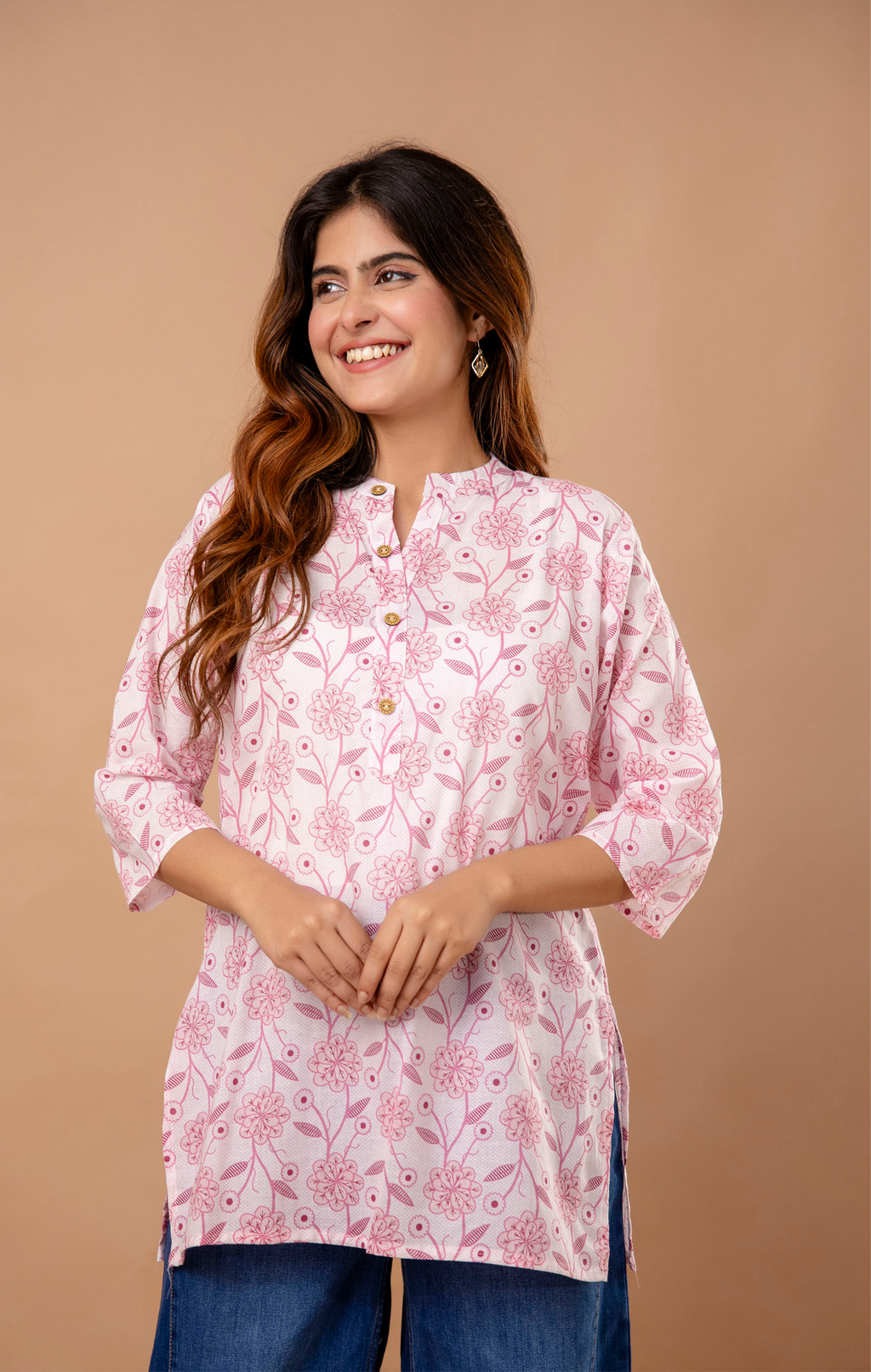 Pink Floral Printed Cotton Kurti for Women | Mandarin Collar | Everyday Casual & Office Wear Top