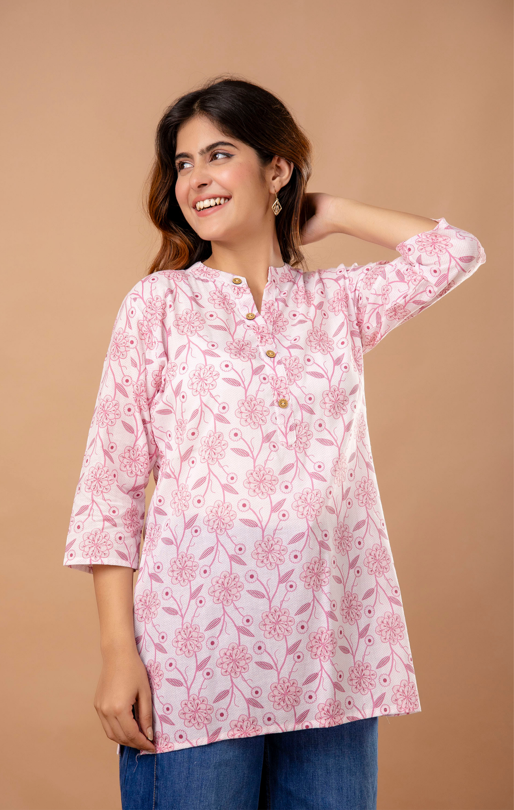 Pink Floral Printed Cotton Kurti for Women | Mandarin Collar | Everyday Casual & Office Wear Top