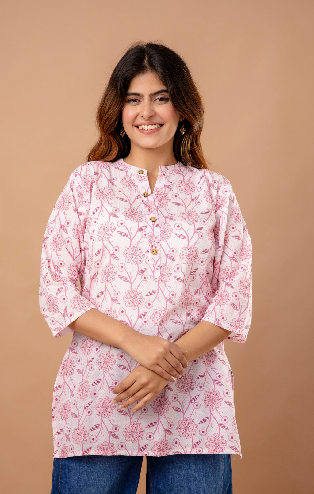 Pink Floral Printed Cotton Kurti for Women | Mandarin Collar | Everyday Casual & Office Wear Top