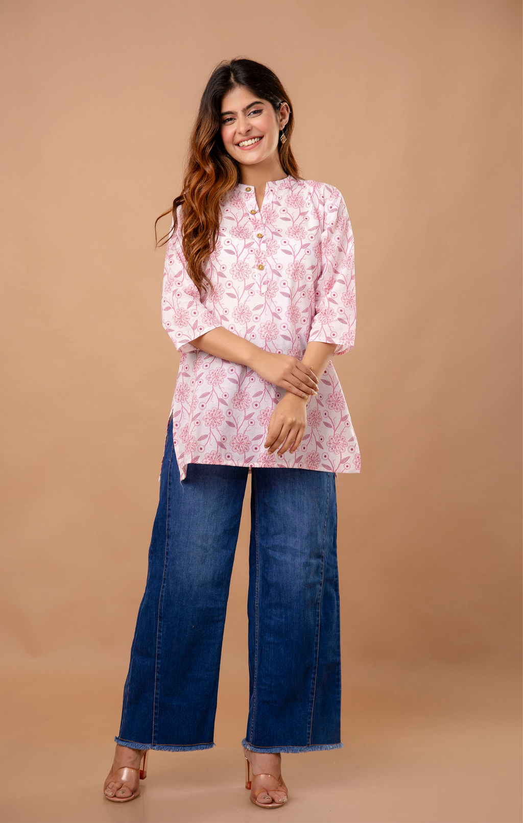 Pink Floral Printed Cotton Kurti for Women | Mandarin Collar | Everyday Casual & Office Wear Top