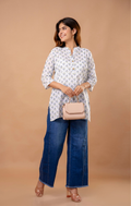 White Printed Cotton Kurti for Women | Mandarin Collar | Everyday Casual & Office Wear Top