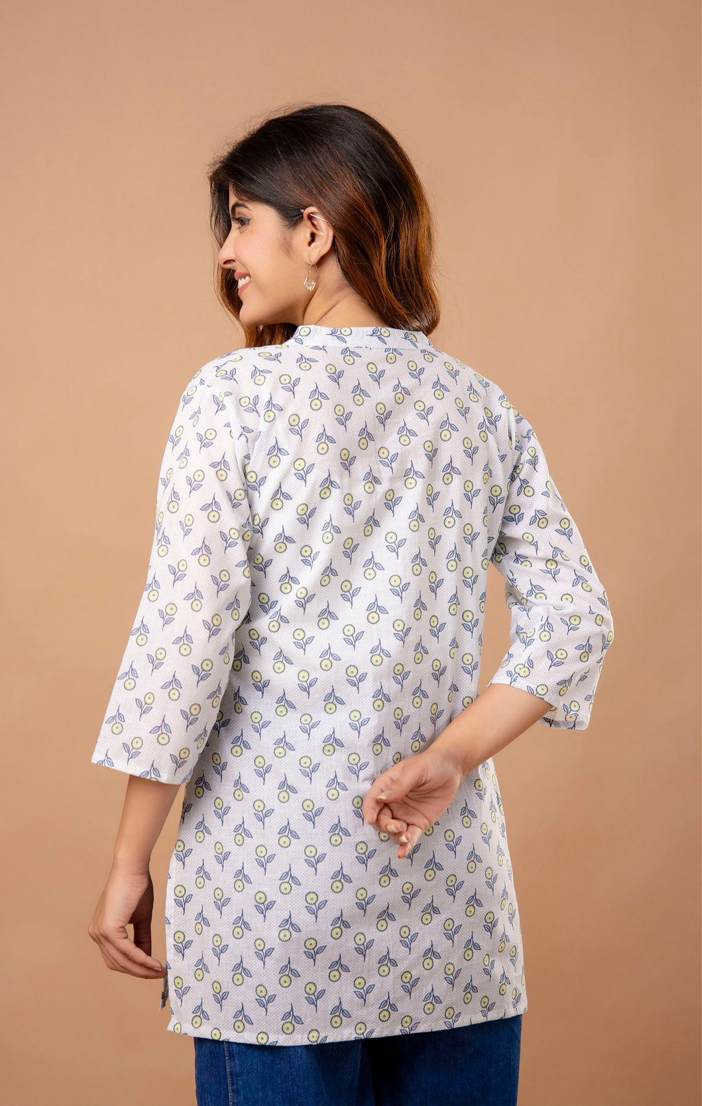 White Printed Cotton Kurti for Women | Mandarin Collar | Everyday Casual & Office Wear Top