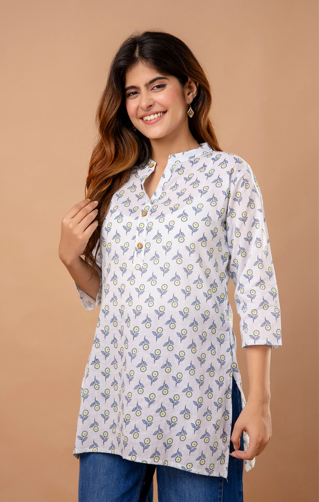 White Printed Cotton Kurti for Women | Mandarin Collar | Everyday Casual & Office Wear Top