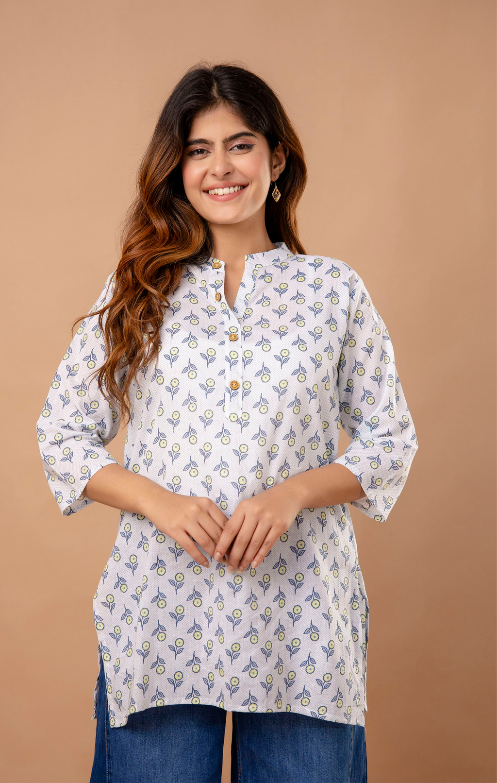 White Printed Cotton Kurti for Women | Mandarin Collar | Everyday Casual & Office Wear Top
