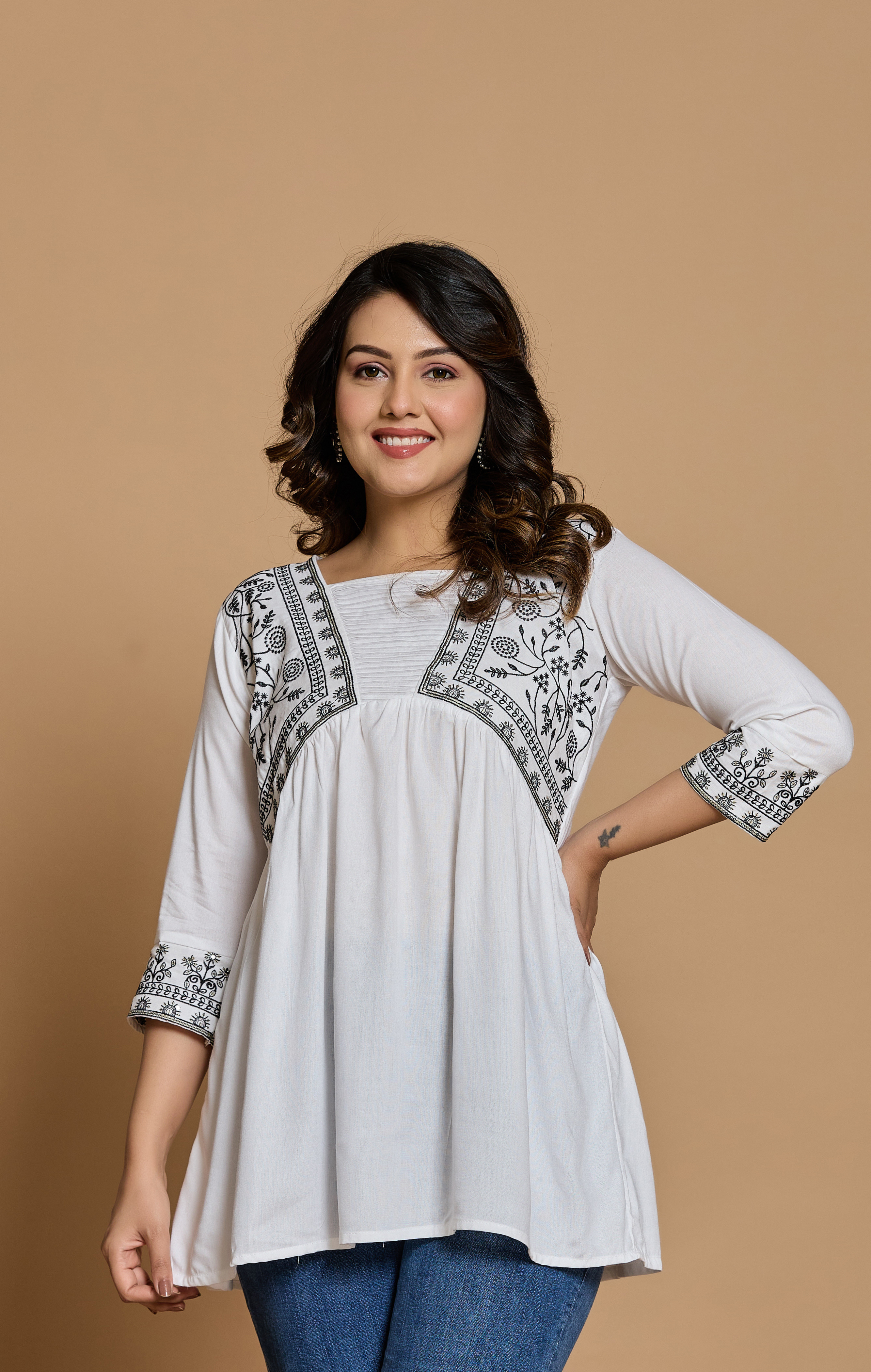 White Cotton Embroidered A-Line Kurti Top for Women | Boho Chic Daily & Office Wear | Soft & Flowy Fit