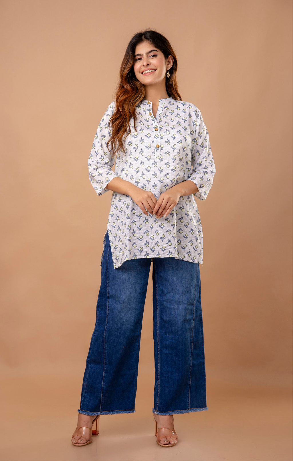 White Printed Cotton Kurti for Women | Mandarin Collar | Everyday Casual & Office Wear Top