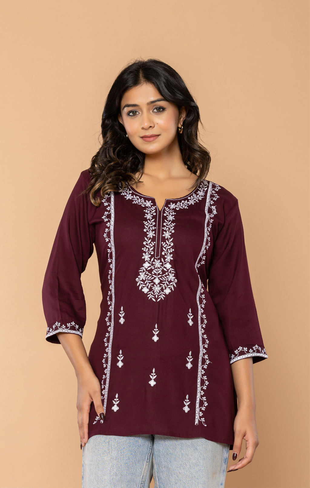 Maroon Embroidered Rayon Kurti for Women | Elegant Daily Wear & Office Wear Tunic Top