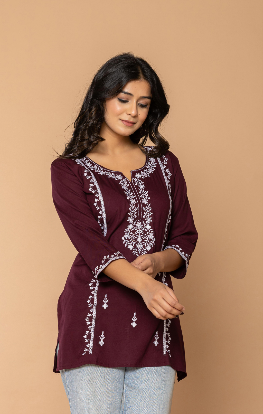 Maroon Embroidered Rayon Kurti for Women | Elegant Daily Wear & Office Wear Tunic Top